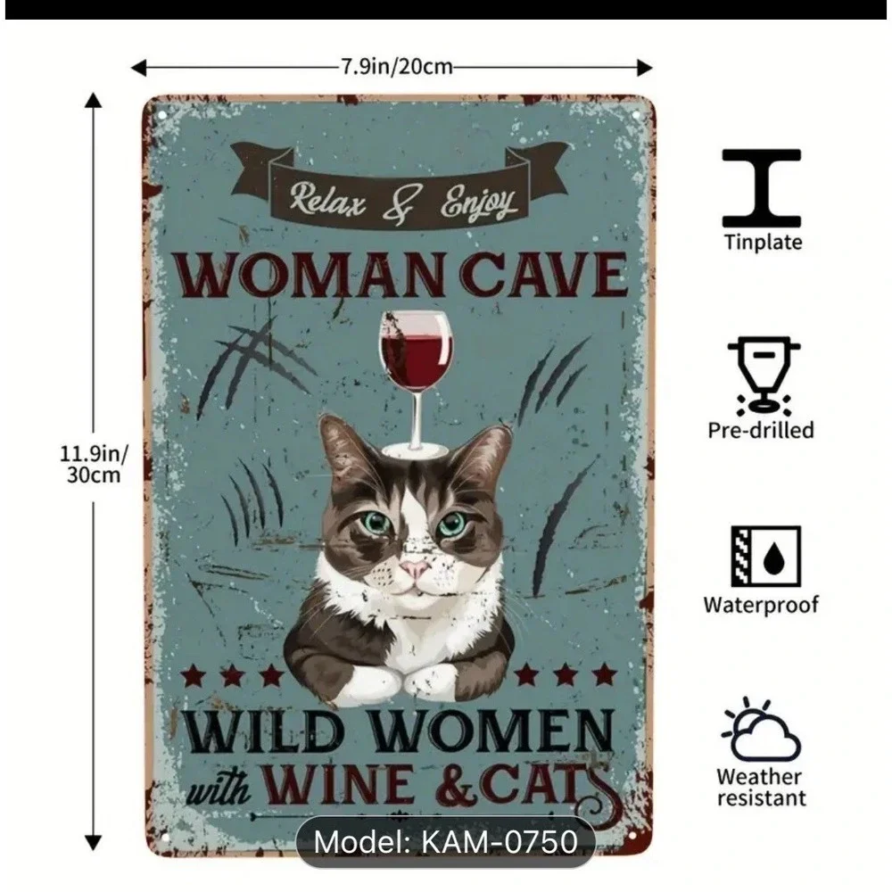 Cats‎ and Wine Sign Woman Cave Metal Plaque NWT